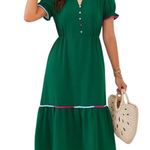 ECOWISH Women Summer Casual Dress - V Neck Short Sleeve Gingham Midi Pleated Tiered Loose Fit Holiday Picnic Dresses