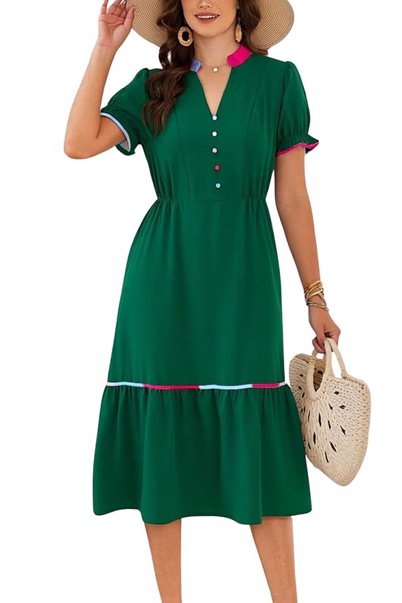 ECOWISH Women Summer Casual Dress - V Neck Short Sleeve Gingham Midi Pleated Tiered Loose Fit Holiday Picnic Dresses