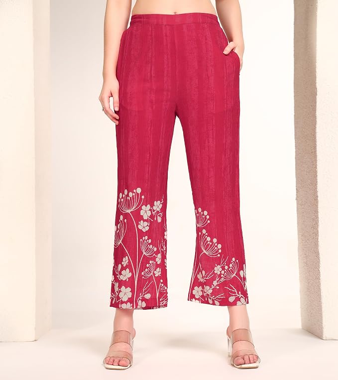 DEEBACO Women's Floral Rayon Ankle Length Tunic & Trouser|Square Neck|Cord Set for Women Fashion|Long Jumpsuits Western Dress for Women Stylish|Latest Two Piece Co ord Set|Party Casual Wear(Red) - Image 4