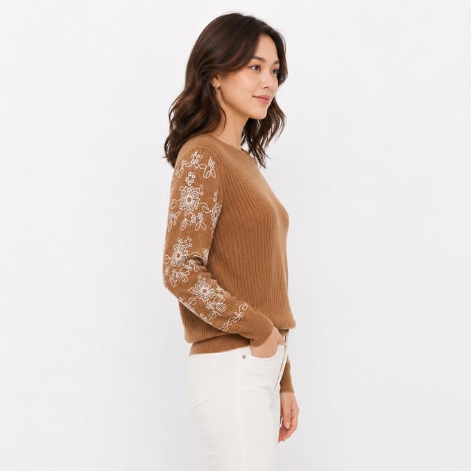 Women’s Textured Knit Top with Embroidered Lace Sleeves | Full Sleeve Casual Wear Top for Women | Round Neck Elegant T-Shirt - Image 7