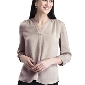 FableStreet Women Formal & Casual Top | V-Neckline with Gathered Back Detail & Three-Quarter Sleeves | Premium Satin Fabric for Office Wear & Sophisticated Outings