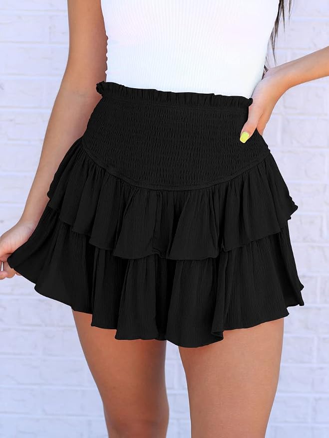 MiiVoo Women’s Summer High Waist Ruffle Short Mini Skirts Elastic Waist Solid Lined Layered Flared Pleated Beach Short Skirt - Image 5