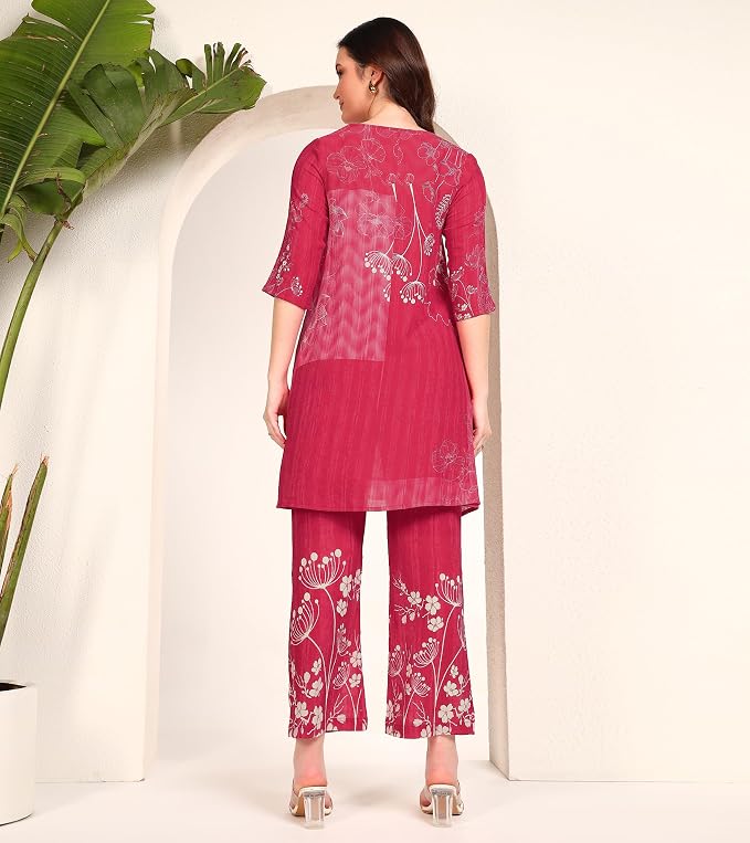 DEEBACO Women's Floral Rayon Ankle Length Tunic & Trouser|Square Neck|Cord Set for Women Fashion|Long Jumpsuits Western Dress for Women Stylish|Latest Two Piece Co ord Set|Party Casual Wear(Red) - Image 5