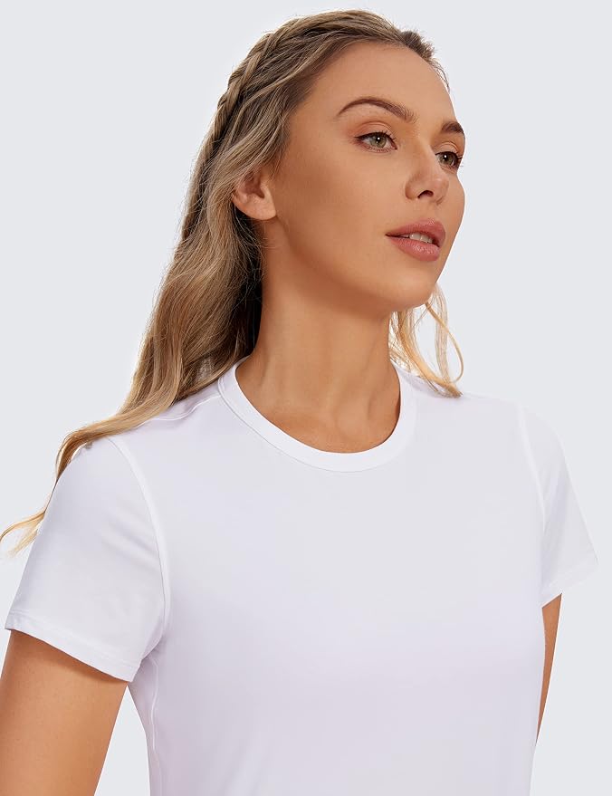 CRZ YOGA Women's Pima Cotton Short Sleeve Crop Tops High Neck Cropped Workout Shirts Yoga Athletic Casual T-Shirt - Image 5