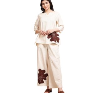 DEEBACO Women's Solid Ankle Length Top with Trouser|Split Neck|Cord Set for Women Cotton|Long Jumpsuits Western Dress for Women Stylish Two Piece Co ord Set|Party Casual Wear(Off White)