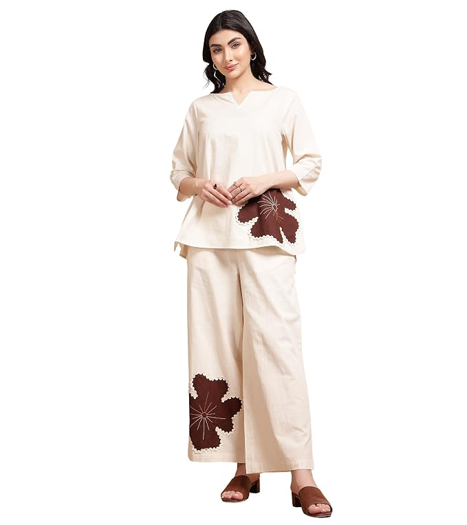 DEEBACO Women's Solid Ankle Length Top with Trouser|Split Neck|Cord Set for Women Cotton|Long Jumpsuits Western Dress for Women Stylish Two Piece Co ord Set|Party Casual Wear(Off White)