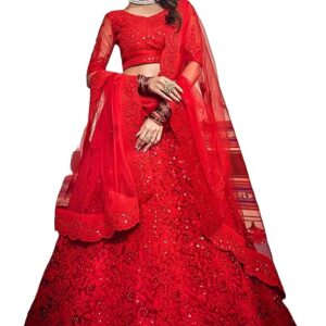 Women's Net Semi Stitched Lehenga Choli with Dupatta | Traditional, Wedding, Ethnic Wear Lehenga | Dori and Sequin Embroidery Pattern (Red)