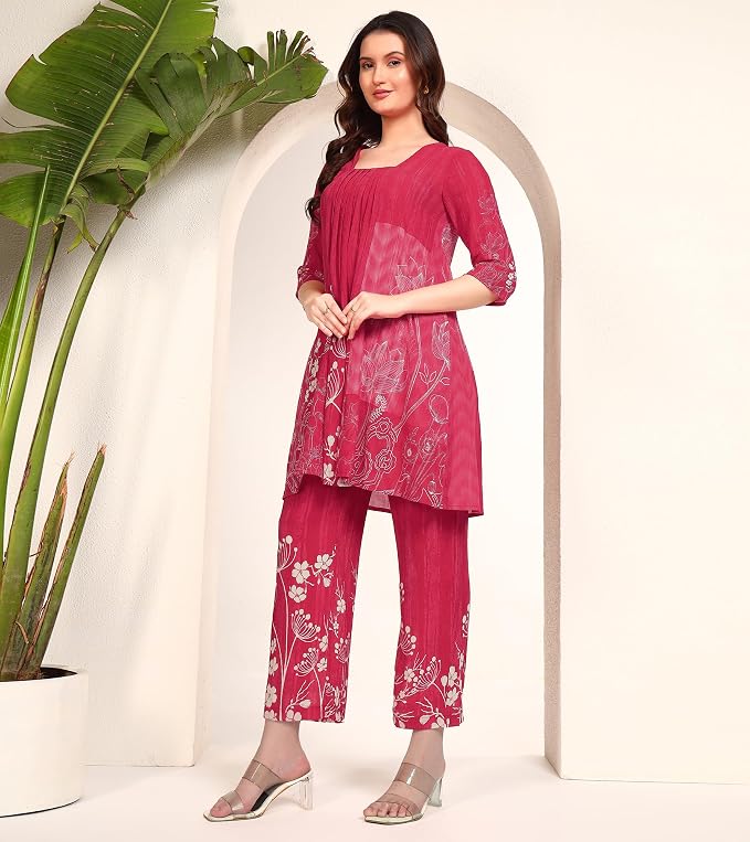 DEEBACO Women's Floral Rayon Ankle Length Tunic & Trouser|Square Neck|Cord Set for Women Fashion|Long Jumpsuits Western Dress for Women Stylish|Latest Two Piece Co ord Set|Party Casual Wear(Red) - Image 7
